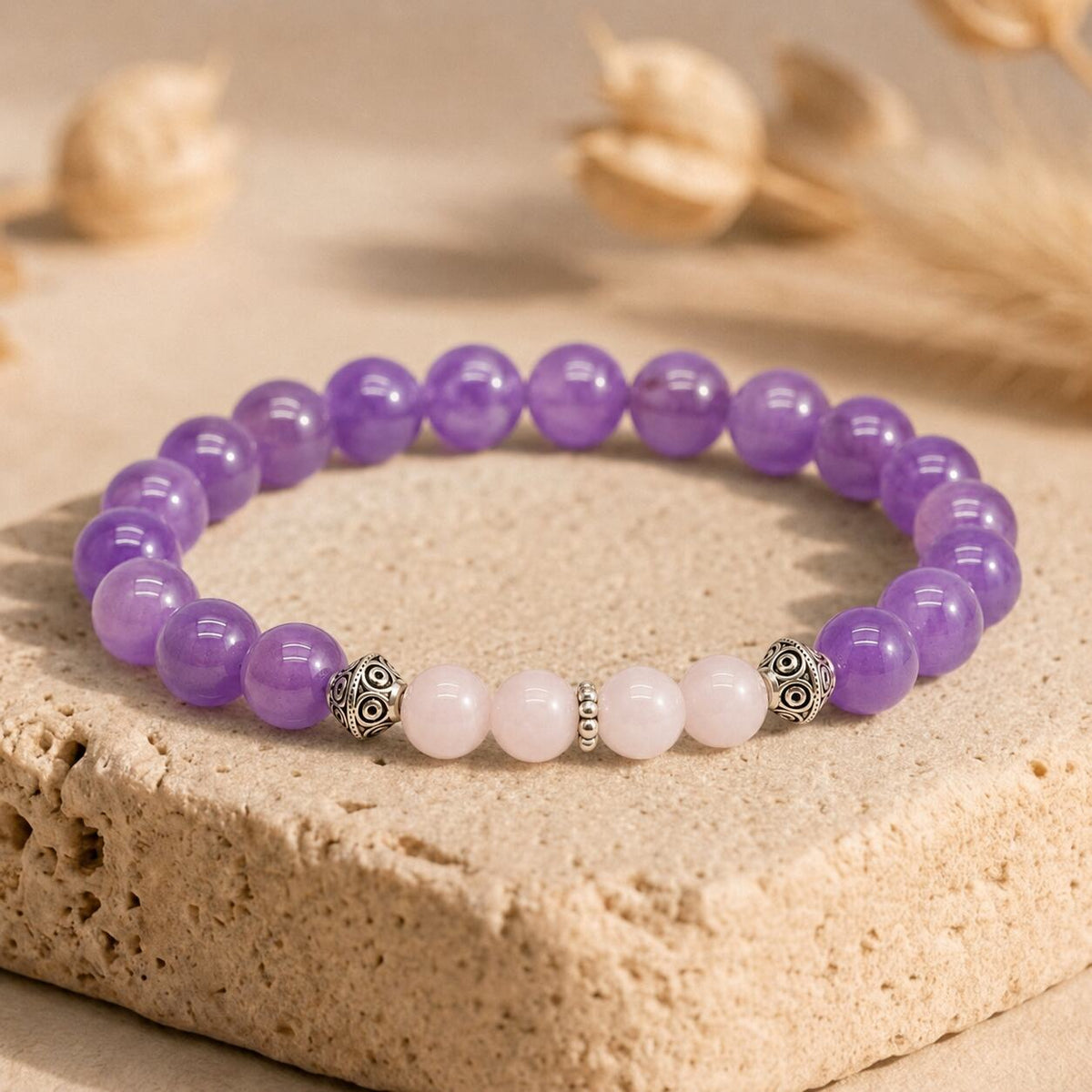 Bracelet "Amour & Harmonie" en Améthyste & Quartz Rose